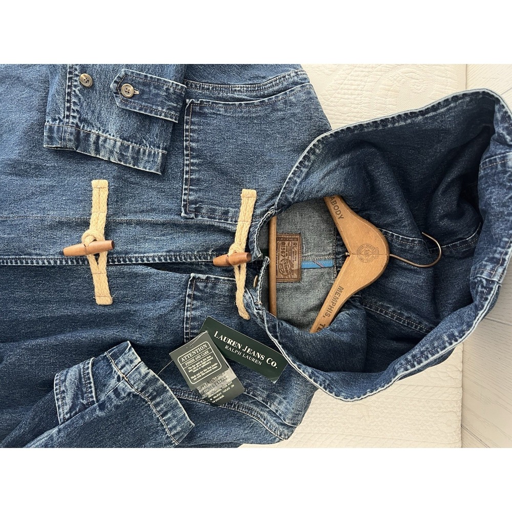 NEW VTG Ralph Lauren Duffle Coat Women M Denim Hooded Wood Toggle Jacket - Picture 4 of 16
